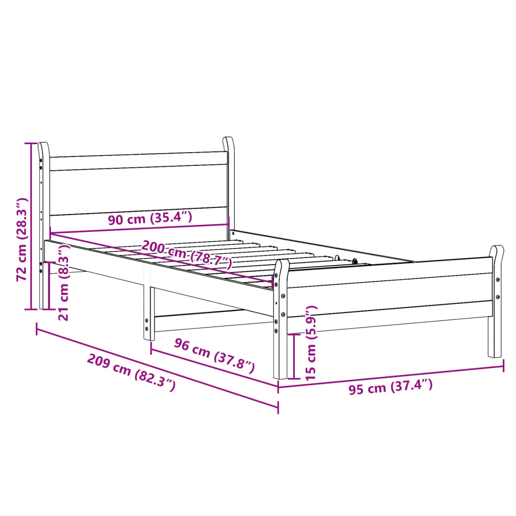 vidaXL Posteljni okvir brez vzmetnice bel 90x200 cm trdna borovina