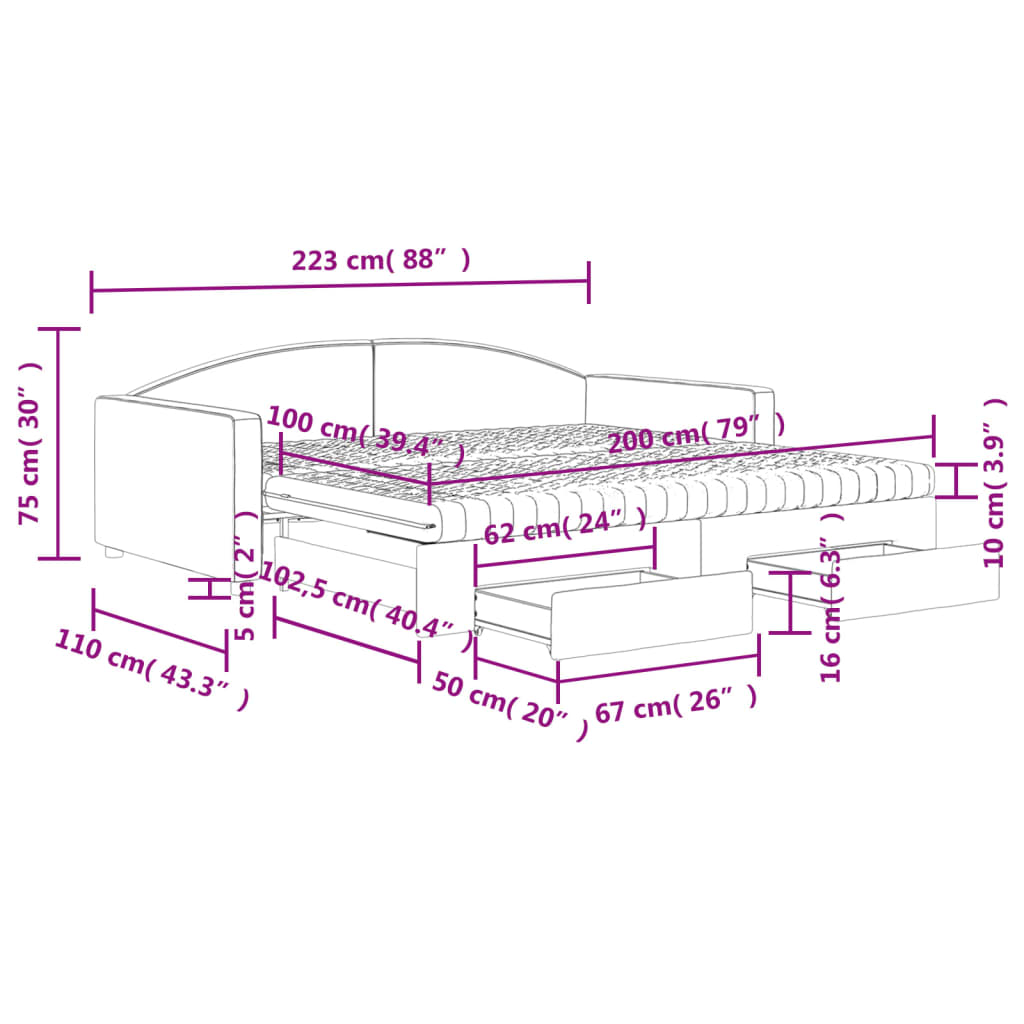 vidaXL Izvlečna dnevna postelja s predali krem 100x200 cm blago