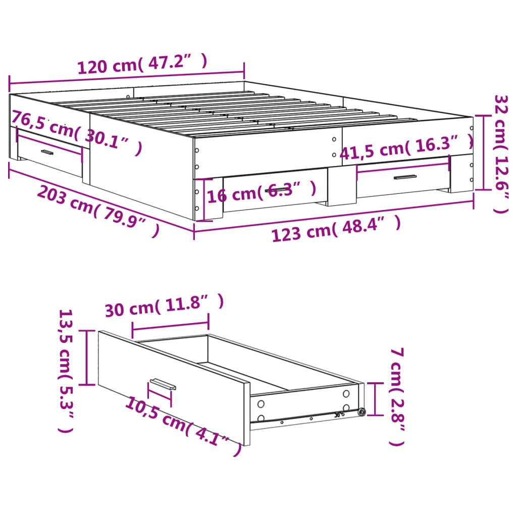 vidaXL Posteljni okvir s predali siva sonoma 120x200 cm inženirski les