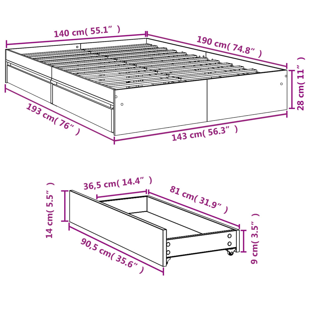 vidaXL Posteljni okvir s predali sonoma hrast 140x190cm inženirski les