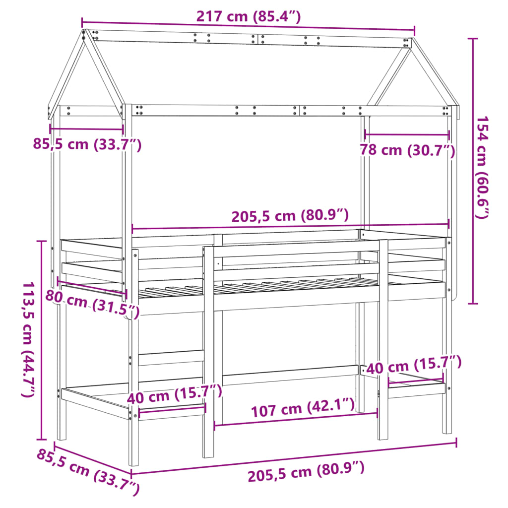 vidaXL Posteljni okvir z lestvijo in streho 80x200 cm borovina