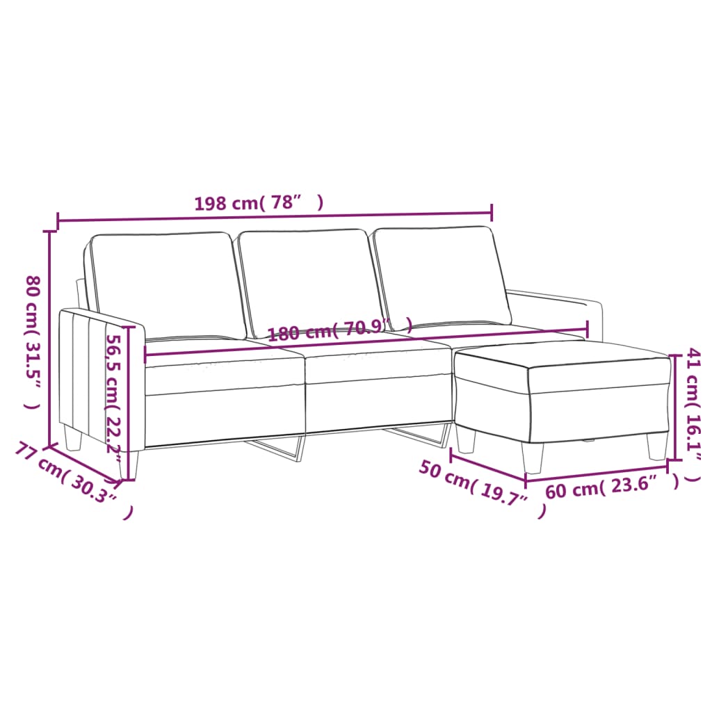 vidaXL Trosed s stolčkom za noge črn 180 cm blago