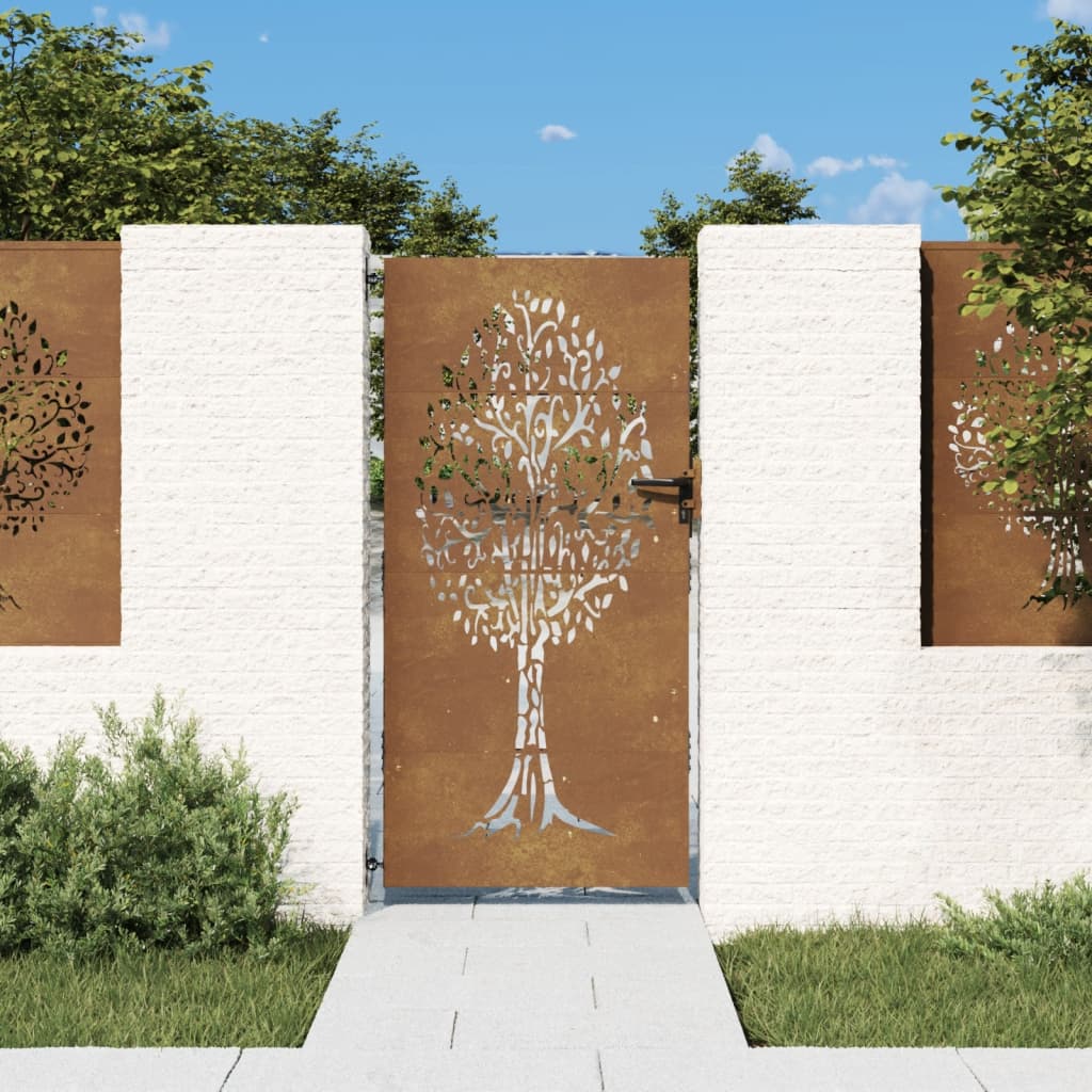 vidaXL Vrtna vrata 85x200 cm corten jeklo dizajn drevesa