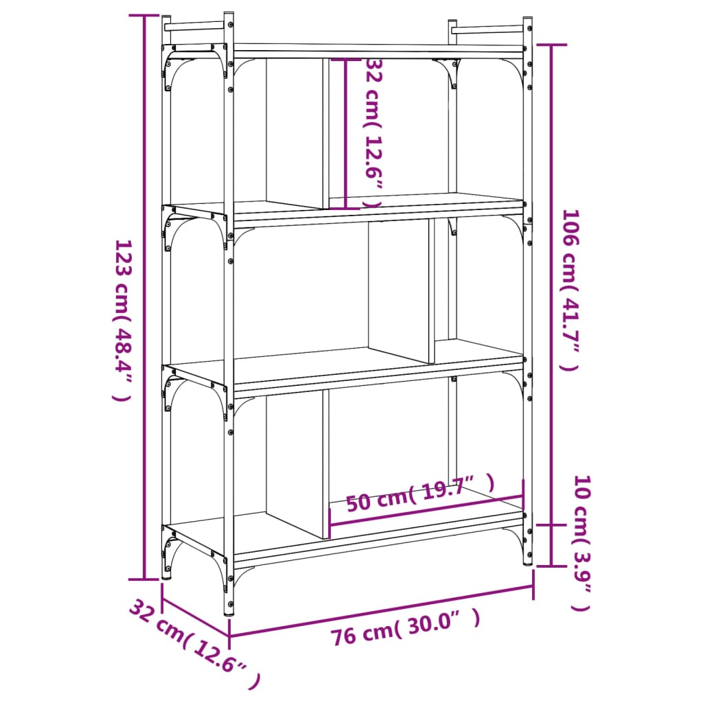 vidaXL Knjižna omara 4-nadstropna siva sonoma 76x32x123 cm inž. les