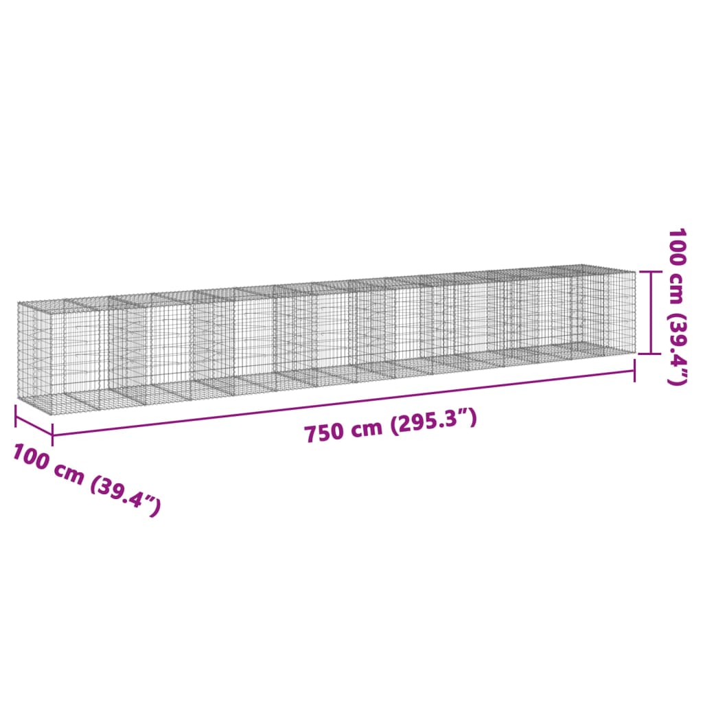 vidaXL Gabionska košara s pokrovom 750x100x100 cm pocinkano železo