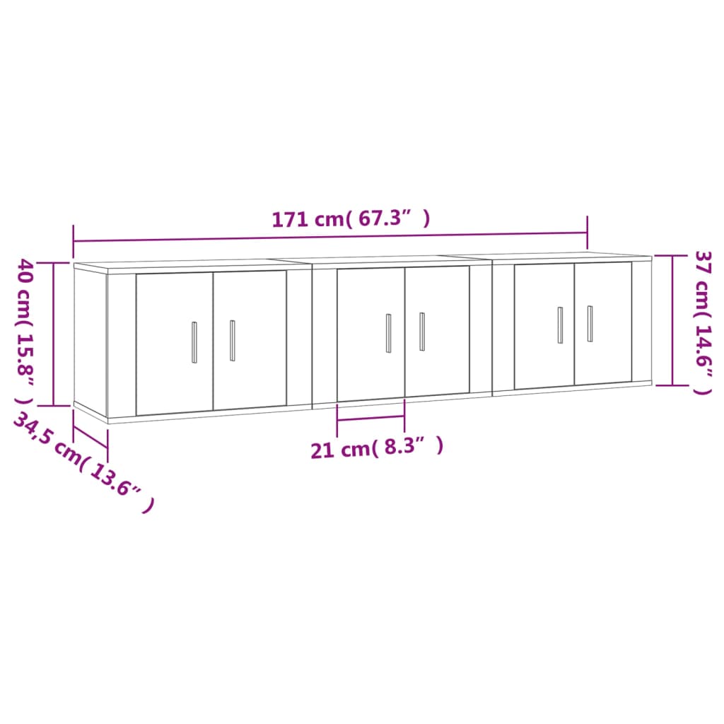 vidaXL Stenska TV omarica 3 kosi visok sijaj bela 57x34,5x40 cm