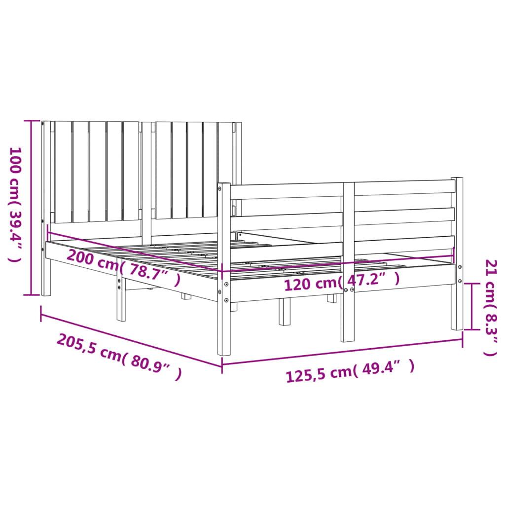 vidaXL Posteljni okvir z vzglavjem črn 120x200 cm trdna borovina