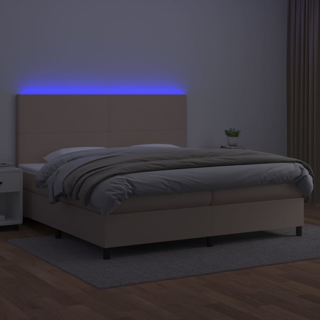 vidaXL Box spring postelja vzmetnico LED kapučino 200x200 cm um. usnje