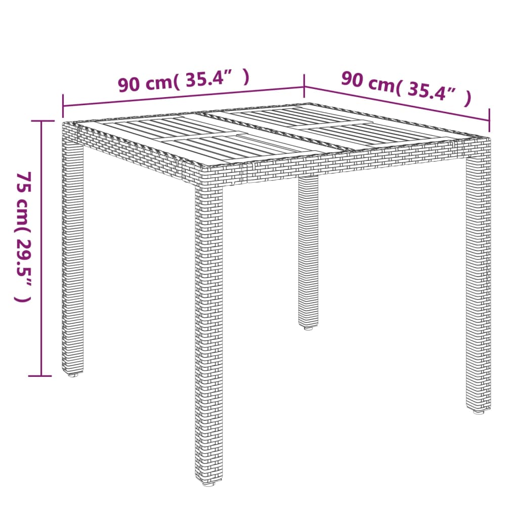 vidaXL Vrtna miza z leseno mizno ploščo siva 90x90x75 cm poli ratan