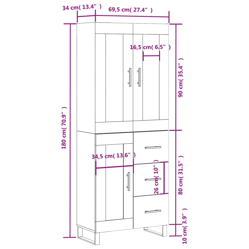 vidaXL Visoka komoda rjav hrast 69,5x34x180 cm inženirski les