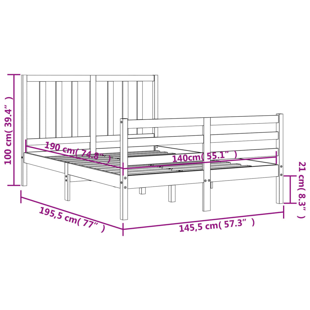 vidaXL Posteljni okvir z vzglavjem siv 140x190 cm trden les