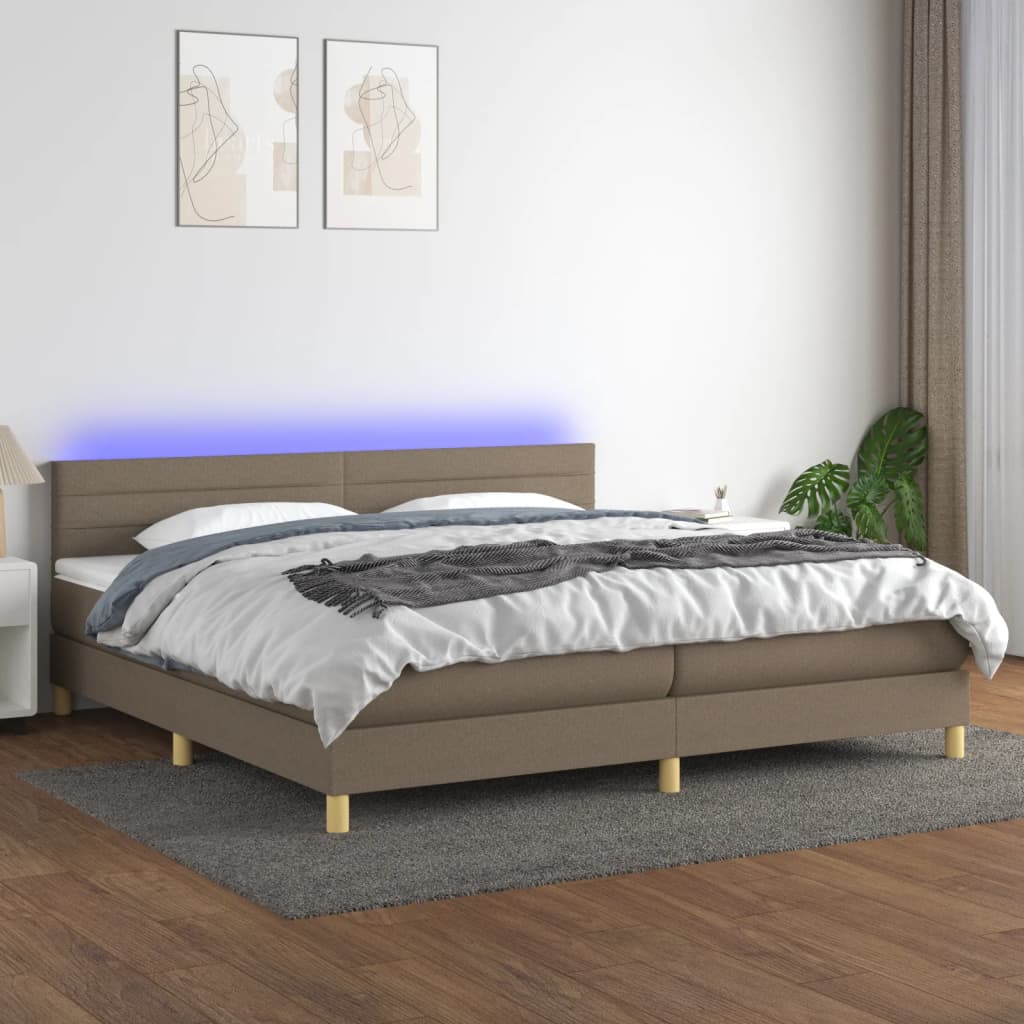 vidaXL Box spring postelja z vzmetnico LED taupe 200x200 cm blago