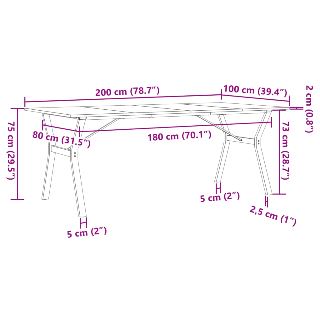 vidaXL Jedilna miza Y okvir 200x100x75 cm trdna borovina lito železo