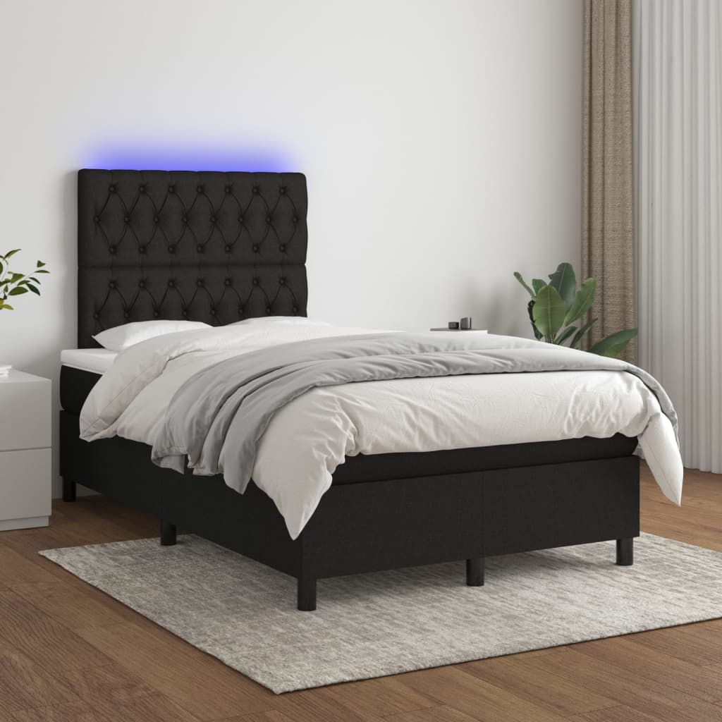 vidaXL Box spring postelja z vzmetnico LED črna 120x190 cm blago