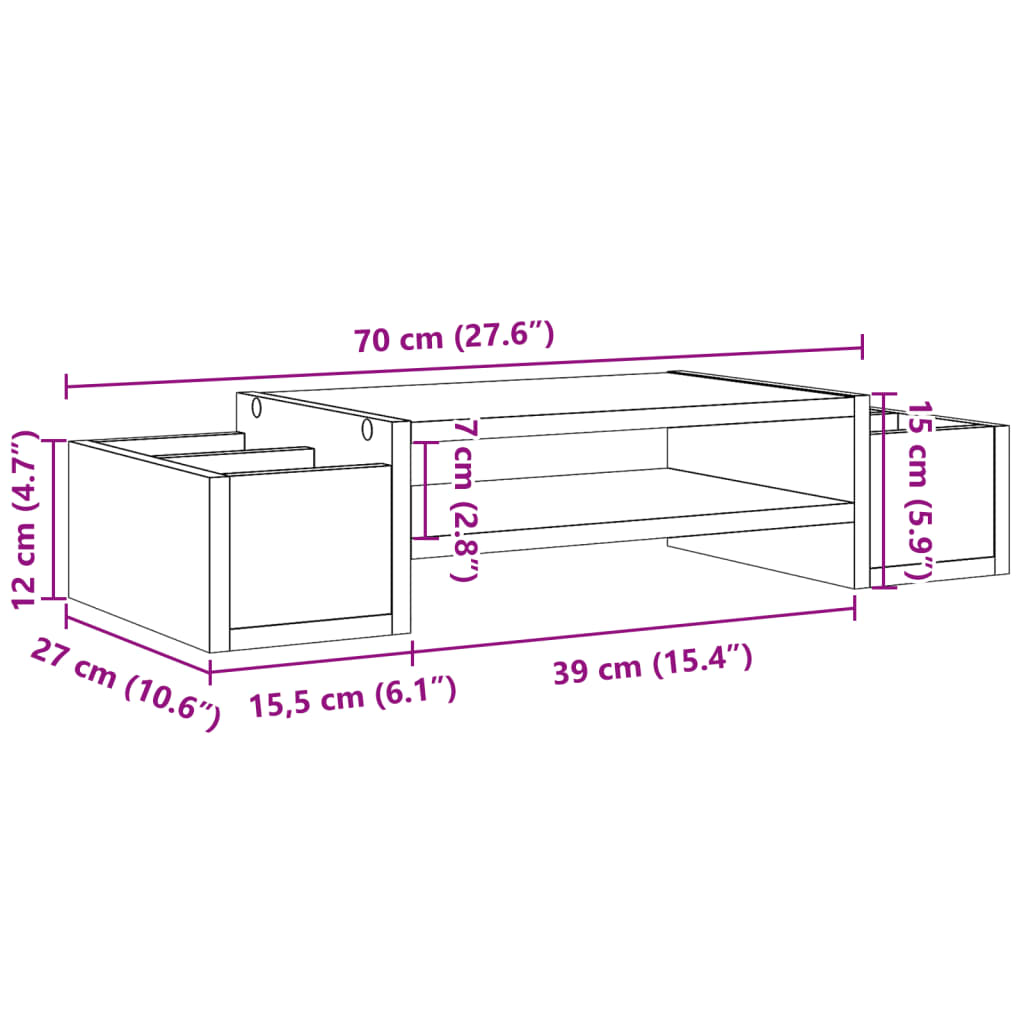 vidaXL Stojalo za zaslon s predelki rjavi hrast 70x27x15 cm inž. les