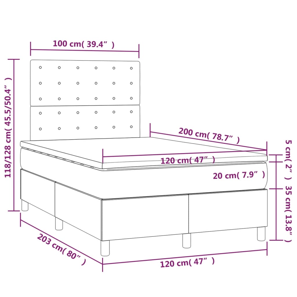 vidaXL Box spring postelja z vzmetnico LED siva 120x200cm umetno usnje