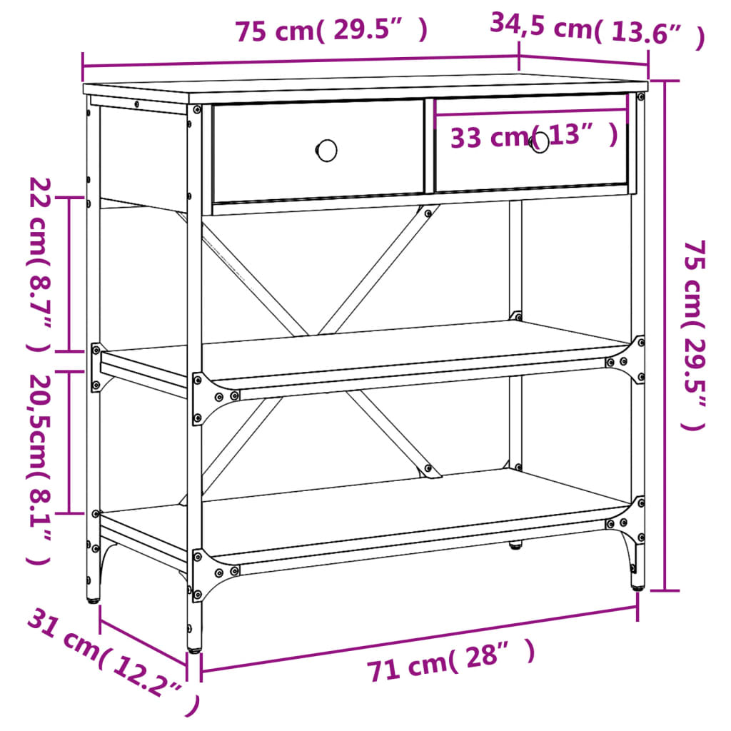 vidaXL Konzolna mizica sonoma hrast 75x34,5x75 cm inženirski les