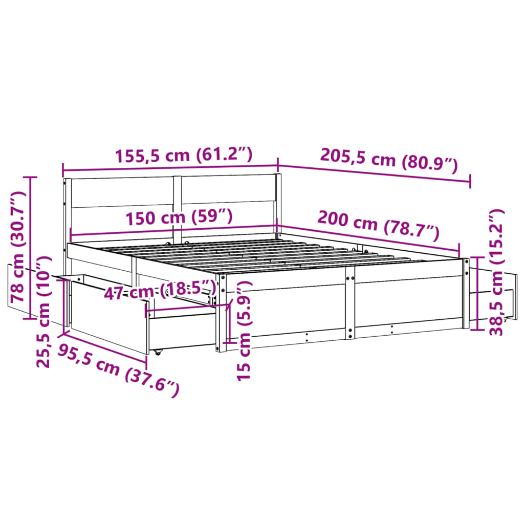 vidaXL Posteljni okvir brez vzmetnice vošč. rjav 150x200 cm borovina