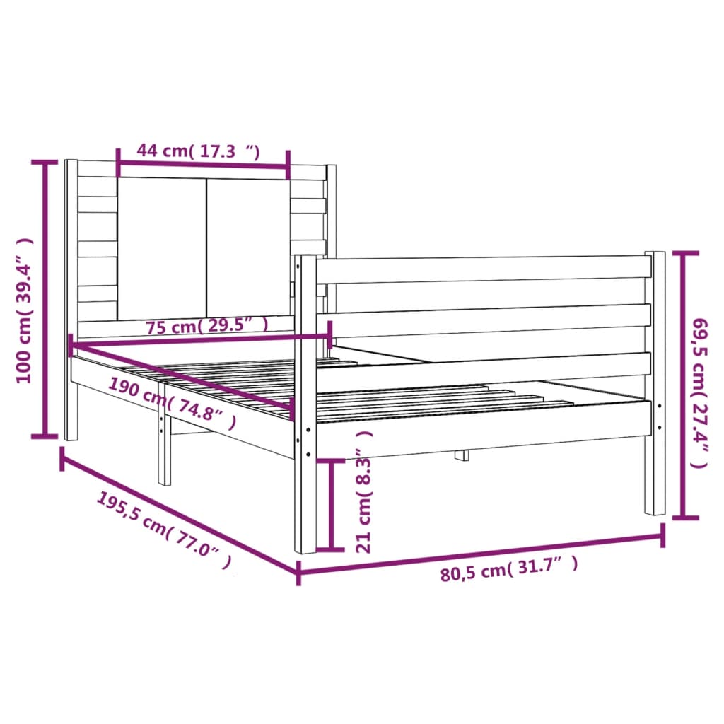 vidaXL Posteljni okvir iz trdne borovine 75x190 cm