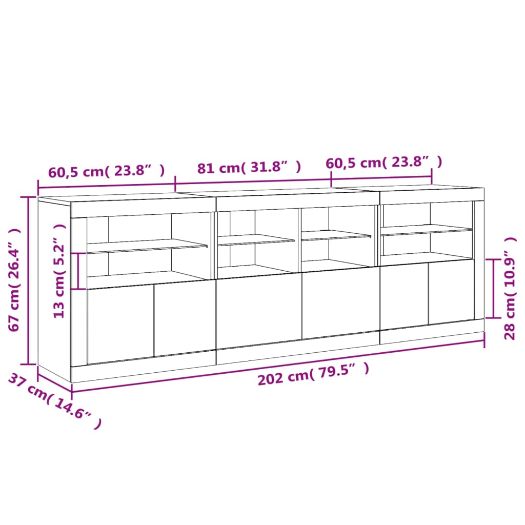 vidaXL Komoda z LED diodami bela 202x37x67 cm