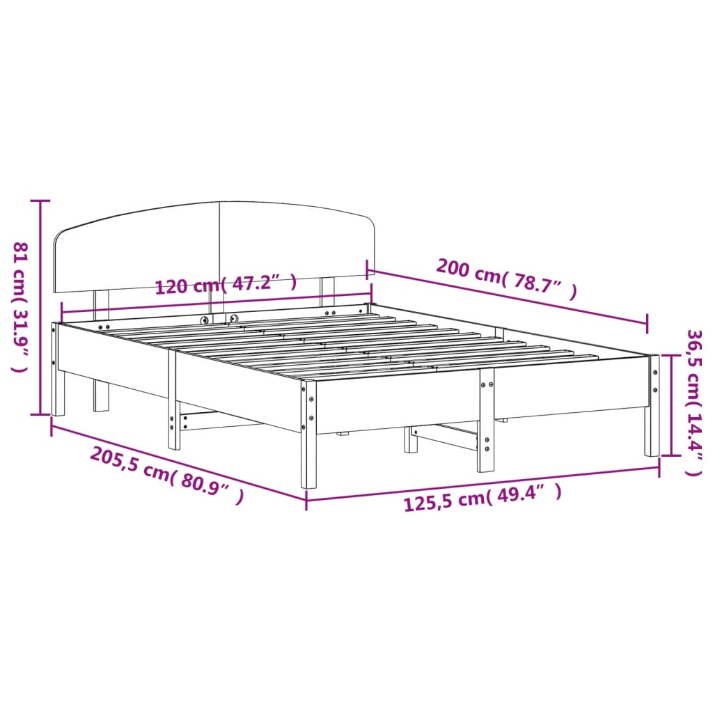 vidaXL Posteljni okvir brez vzmetnice bel 120x200 cm trdna borovina