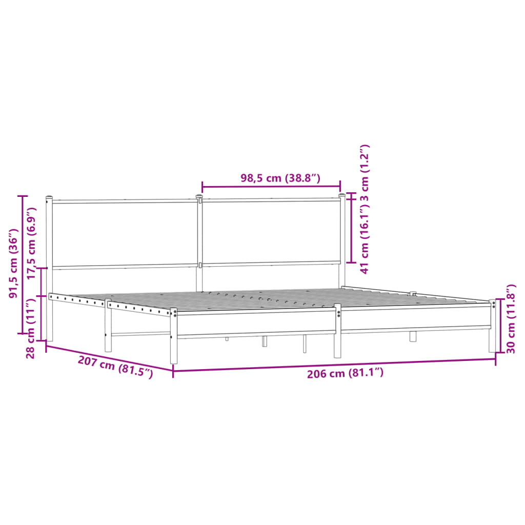 vidaXL Kovinski posteljni okvir brez vzmetnice rjavi hrast 200x200 cm