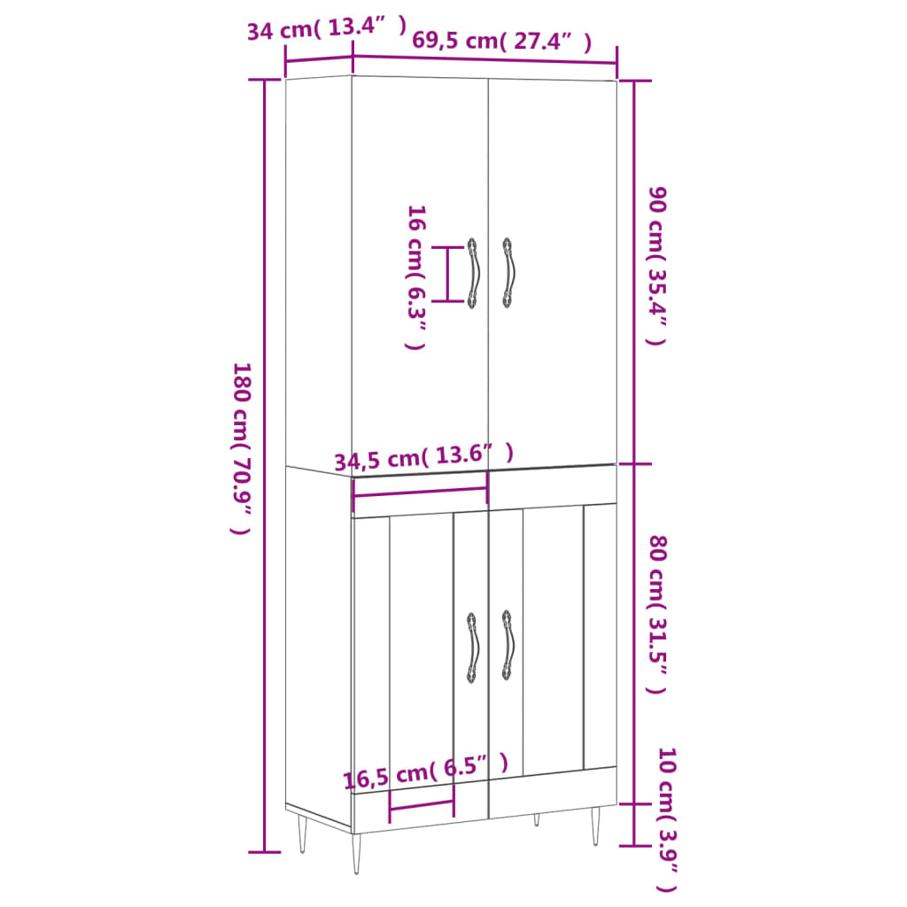 vidaXL Visoka omara bela 69,5x34x180 cm inženirski les