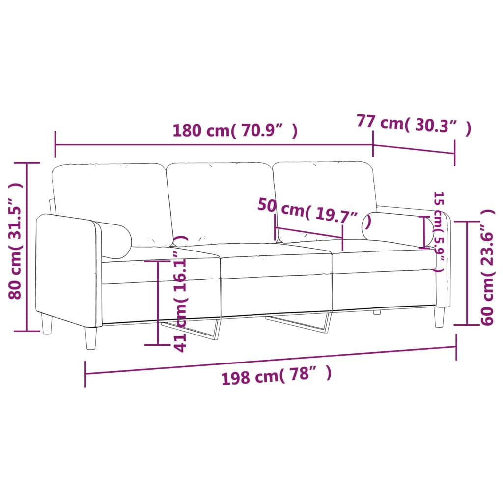 vidaXL Kavč trosed z okrasnimi blazinami roza 180 cm žamet