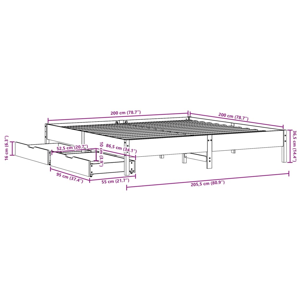 vidaXL Posteljni okvir brez vzmetnice vošč. rjava 200x200 cm borovina