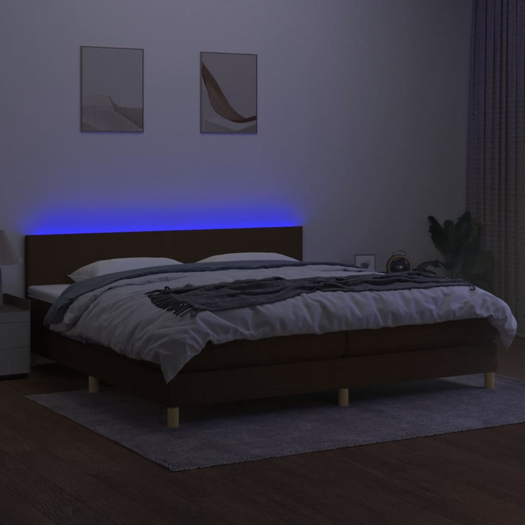 vidaXL Box spring postelja z vzmetnico LED temno rjava 200x200cm blago