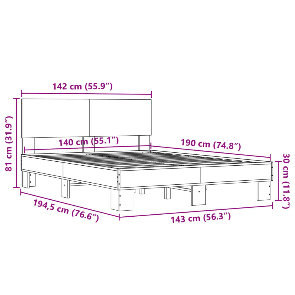 vidaXL Posteljni okvir siva sonoma 140x190 cm inž. les in kovina