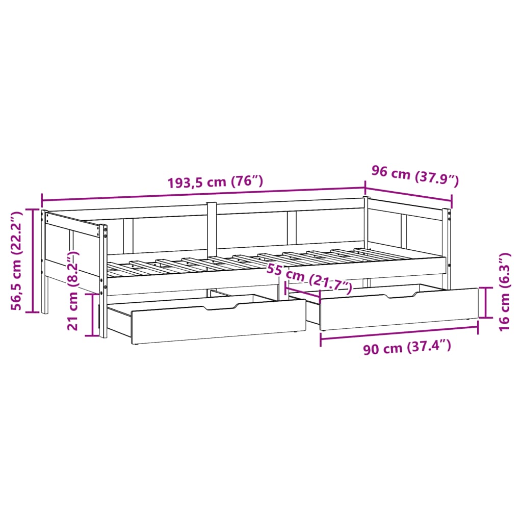 vidaXL Dnevna postelja s predali bela 90x190cm trdna borovina