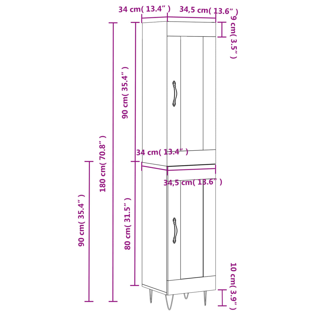 vidaXL Visoka omara bela 34,5x34x180 cm inženirski les