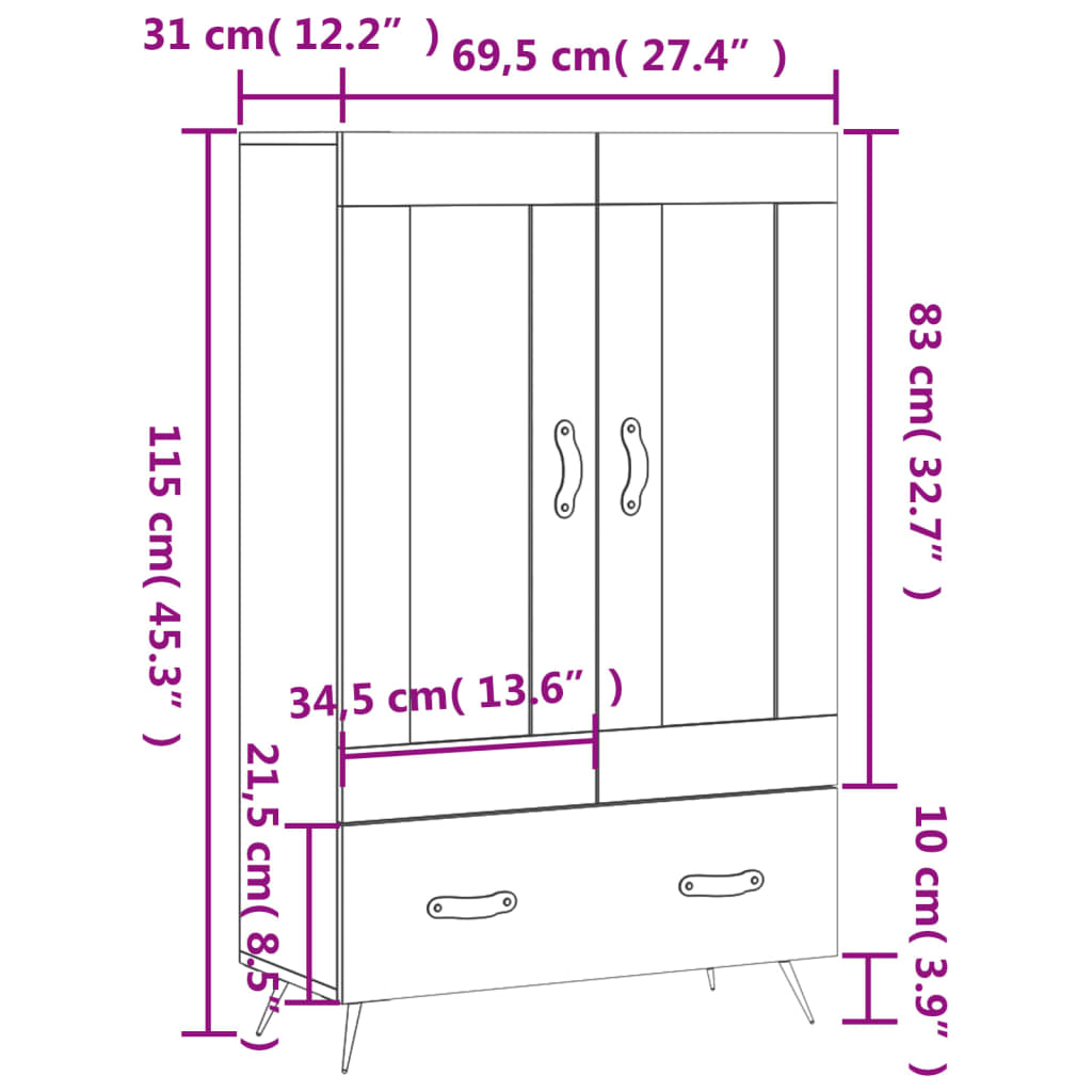 vidaXL Visoka omara črna 69,5x31x115 inženirski les