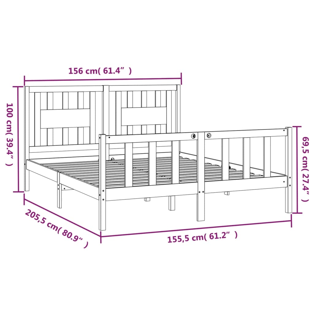 vidaXL Posteljni okvir z vzglavjem trdna borovina 150x200 cm