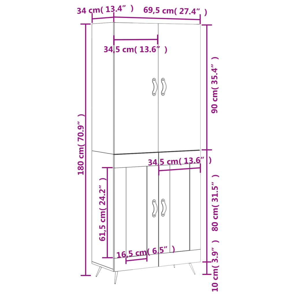 vidaXL Visoka komoda črna 69,5x34x180 cm inženirski les