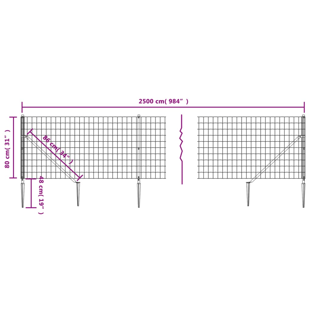 vidaXL Mrežna ograja s konicami za postavitev antracit 0,8x25 m