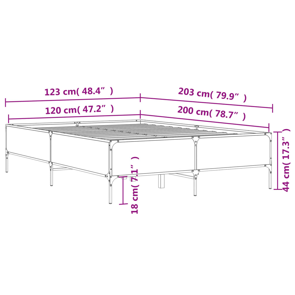 vidaXL Posteljni okvir dimljeni hrast 120x200 cm inž. les in kovina