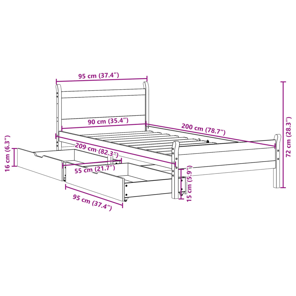 vidaXL Posteljni okvir brez vzmetnice bel 90x200 cm trdna borovina