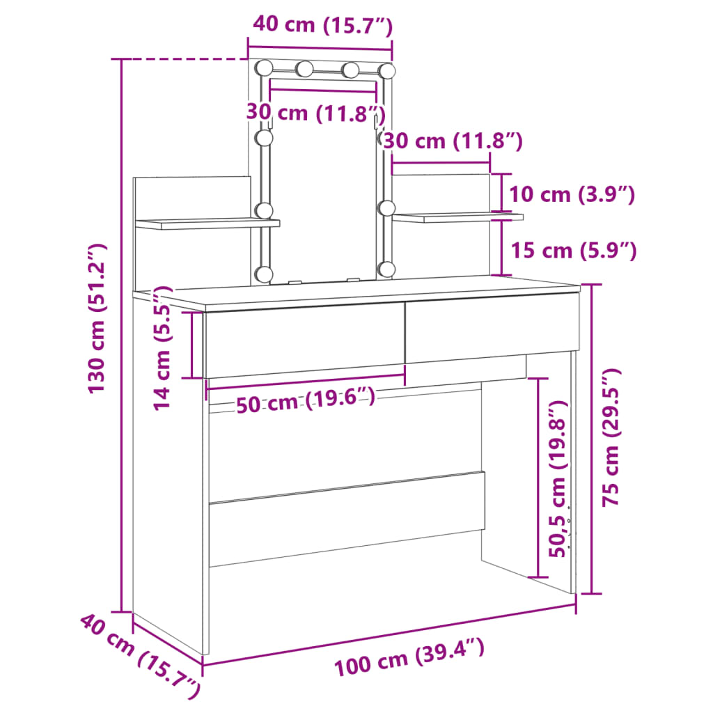 vidaXL Toaletna mizica z LED lučkami dimljen hrast 100x40x130 cm