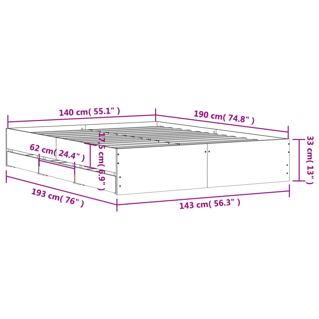 vidaXL Posteljni okvir s predali siva sonoma 140x190 cm inženirski les