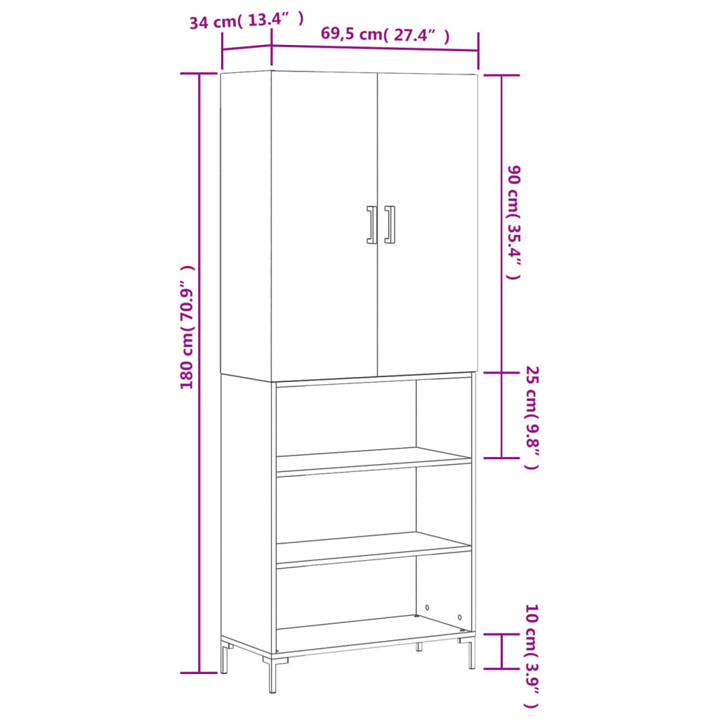 vidaXL Visoka komoda betonsko siva 69,5x34x180 cm inženirski les