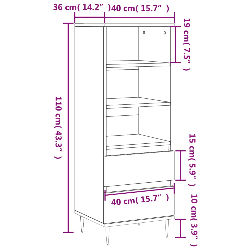 vidaXL Visoka omara visok sijaj bela 40x36x110 cm inženirski les