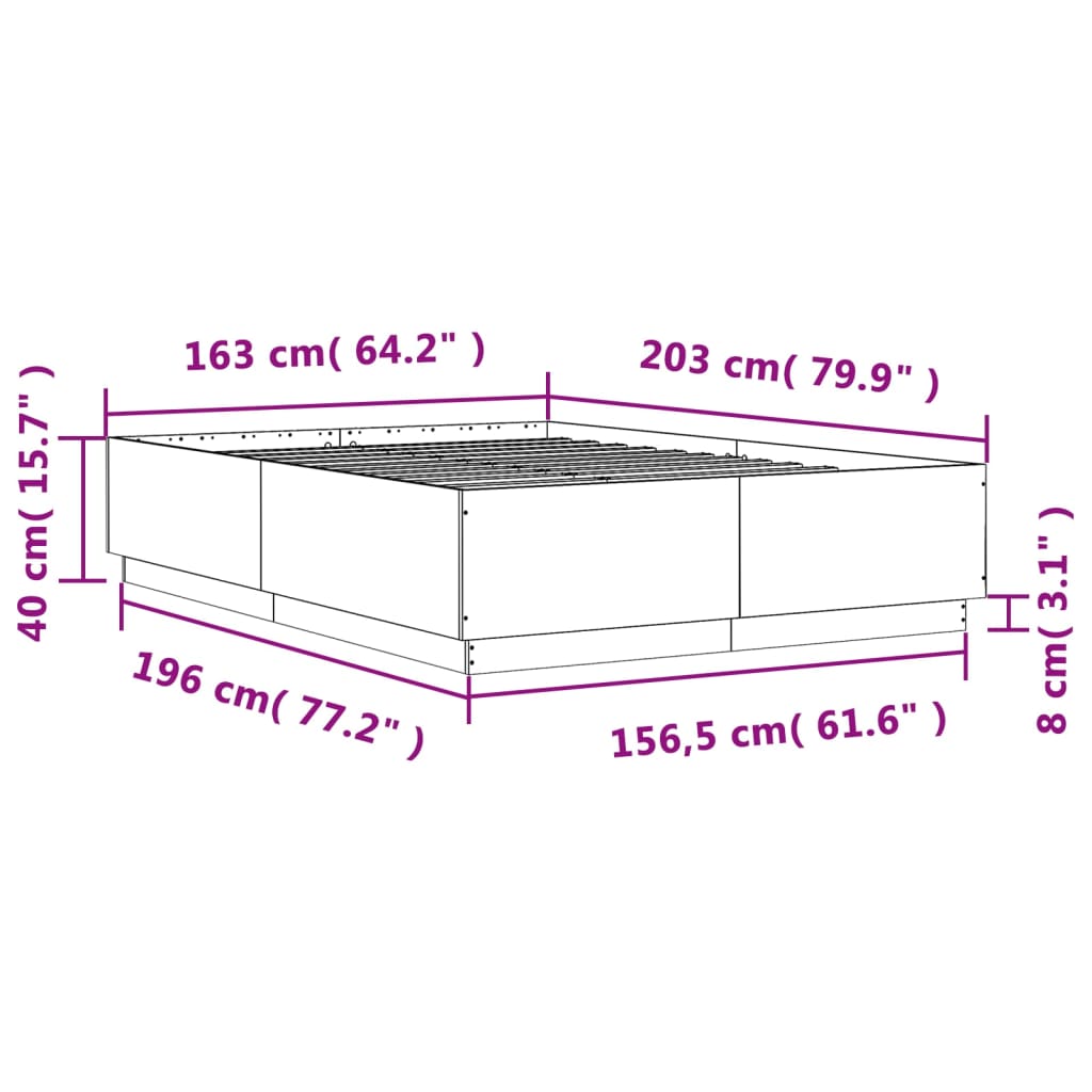 vidaXL Posteljni okvir z LED lučkami sonoma hrast 160x200 cm inž. les