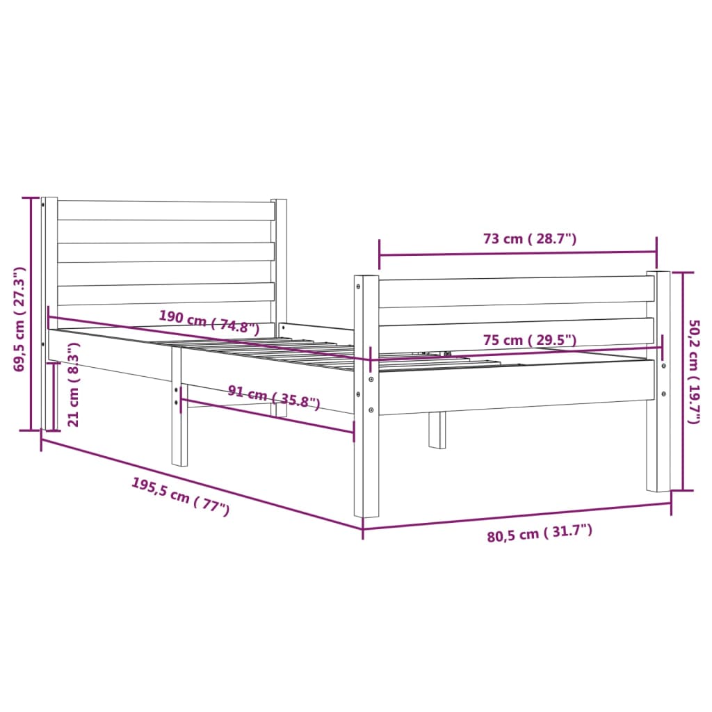 vidaXL Posteljni okvir medeno rjav iz trdnega lesa 75x190 cm