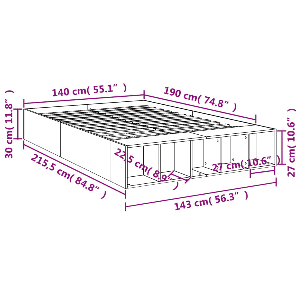 vidaXL Posteljni okvir siva sonoma 140x190 cm inženirski les