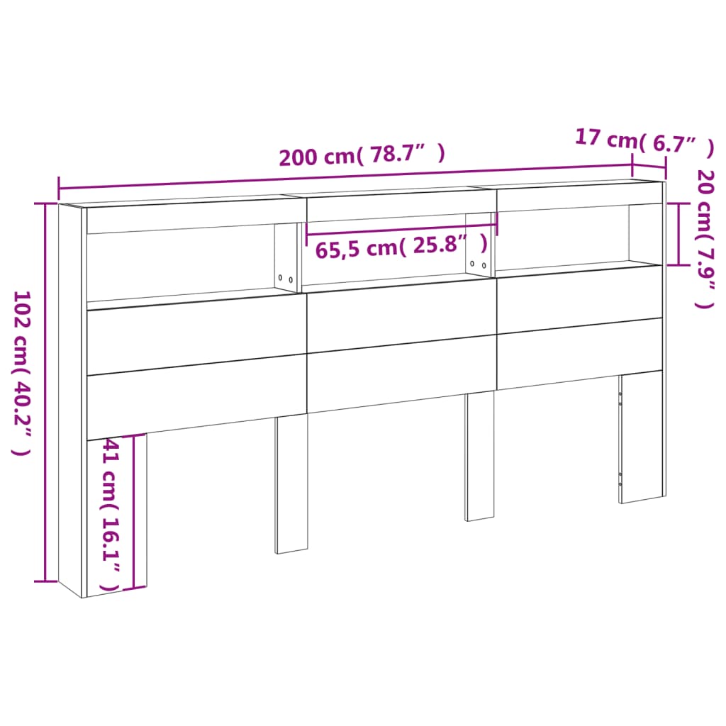 vidaXL Omarica za vzglavje postelje LED rjavi hrast 200x17x102 cm