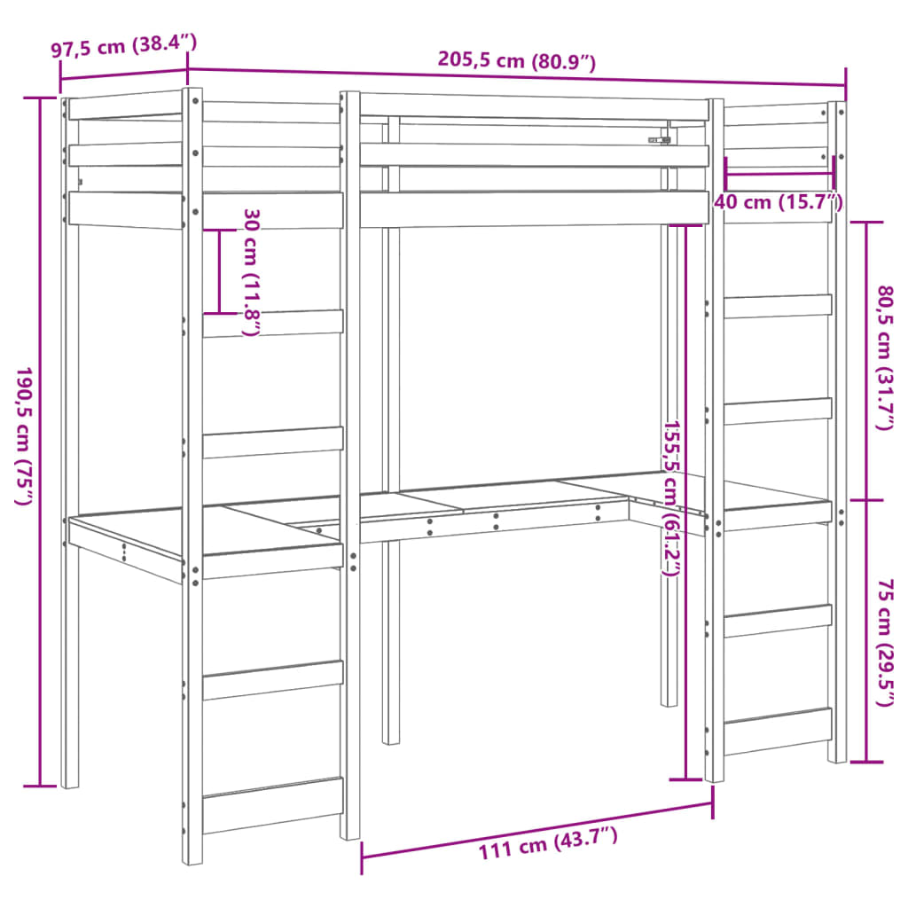 vidaXL Dvignjeni posteljni okvir z mizo 90x200 cm trdna borovina