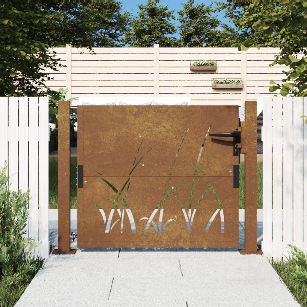 vidaXL Vrtna vrata 105x105 cm Corten jeklo dizajn trave