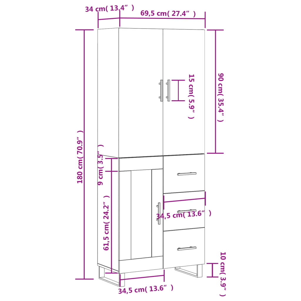 vidaXL Visoka omara bela 69,5x34x180 cm inženirski les